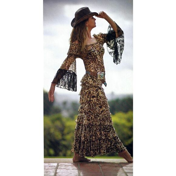 Marrika Nakk Silk Chiffon Leopard Peasant Top and Tiered Skirt Set Brown, Size S - Picture 8 of 12
